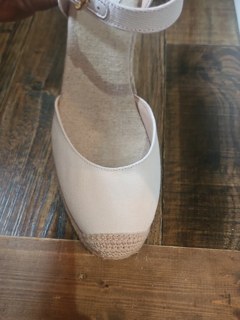 Cole Haan White Canvas Espadrille Wedge Sandals with Ankle Strap and Gold Buckle